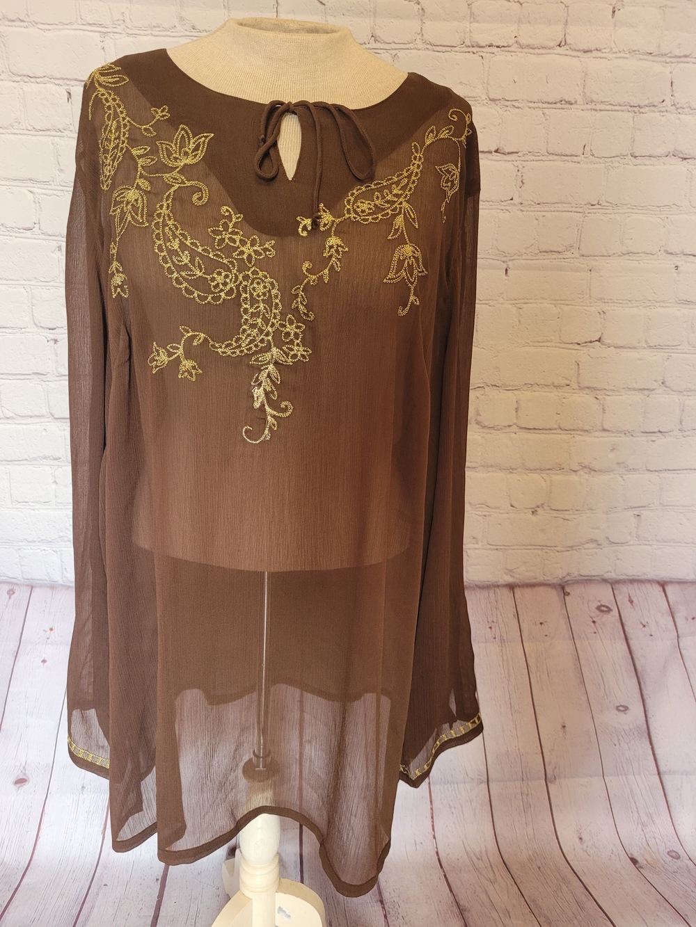 Koret Size XL Brown Sheer Tunic Metallic Gold Stitching Accents Boho Chic